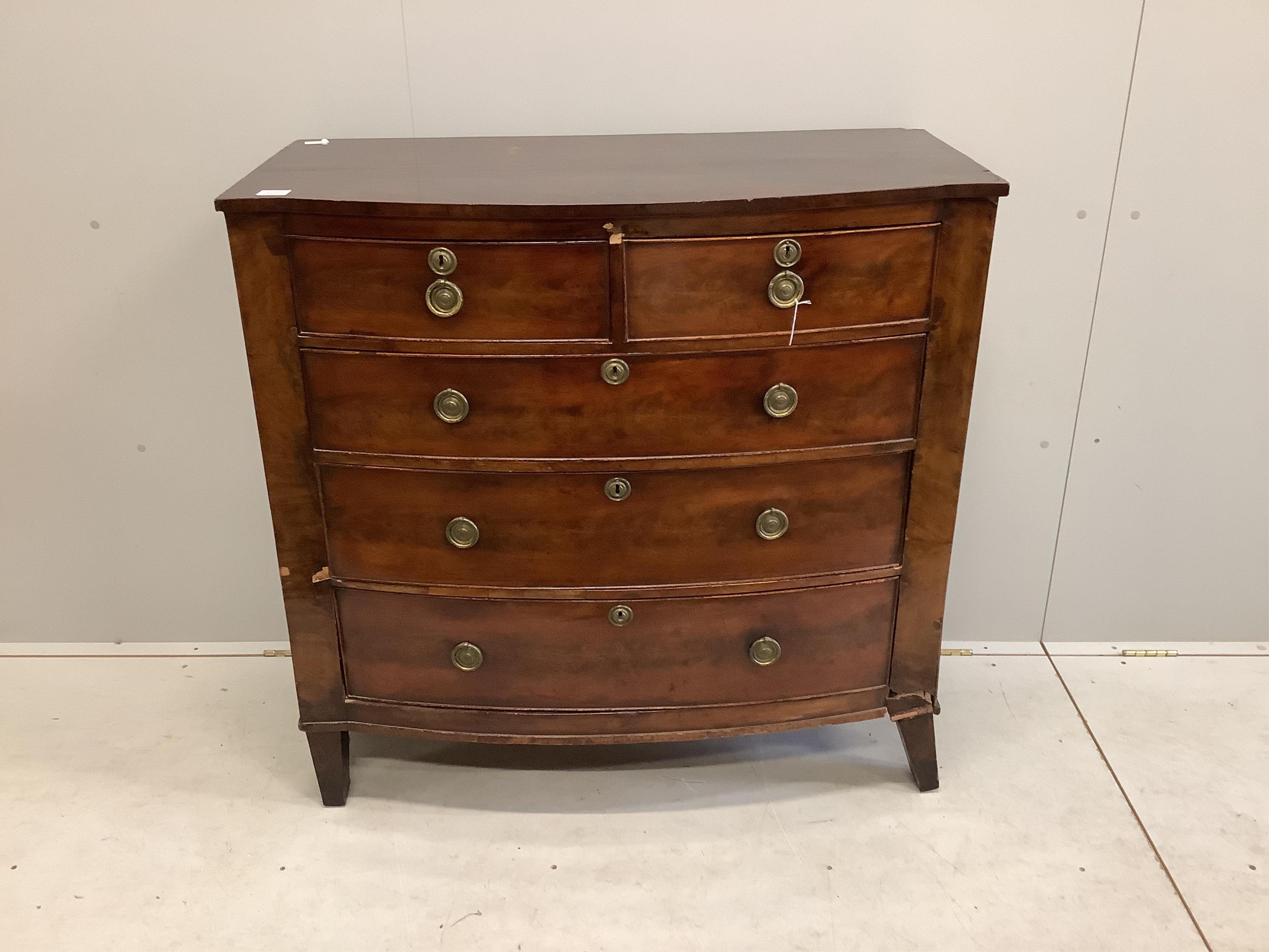 An early Victorian mahogany bowfront chest, width 106cm, depth 52cm, height 104cm. Condition - poor